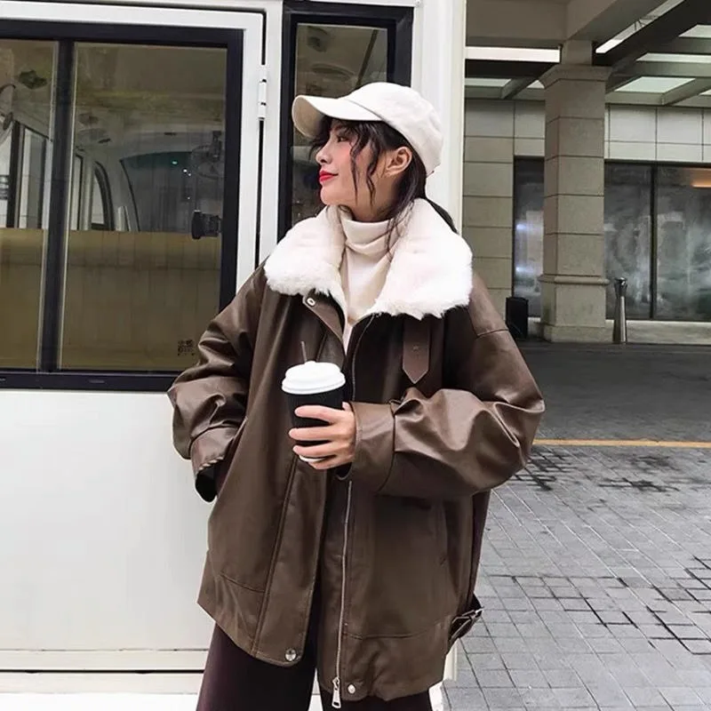 

Кожаная куртка, женская флисовая утолщенная осенне-зимняя новая корейская версия из искусственного меха, свободный повседневный мотоциклетный костюм для студентов