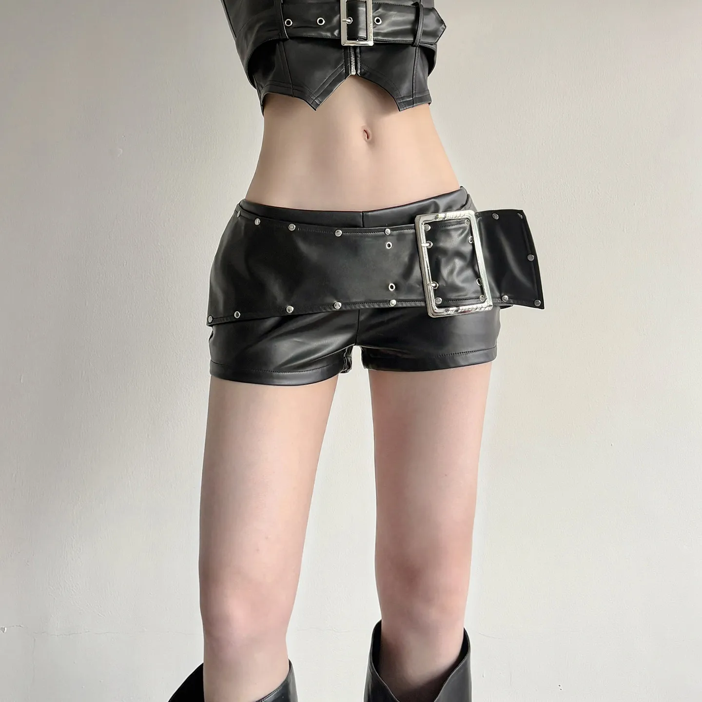 Women Black Gothic Emo Y2K Mini Shorts Sexy Wide Belt Leather Short Pants Low Waist Bodycon Shorts Micro Boot Short Summer 2026
