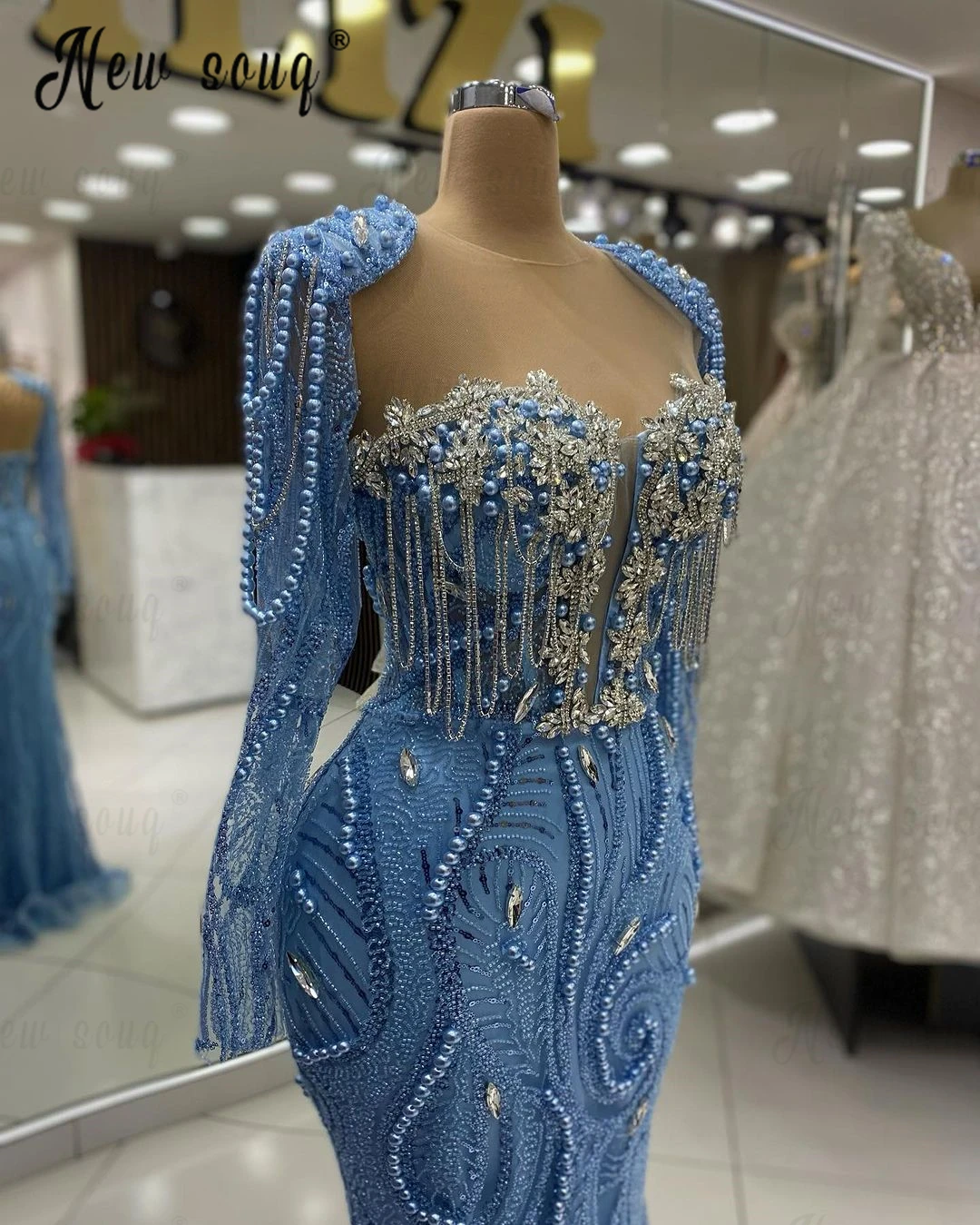 Vestido de festa manga comprida azul bebê feminino, pérolas frisadas africanas, vestidos formais de baile de casamento, luxo, alta costura, 2024