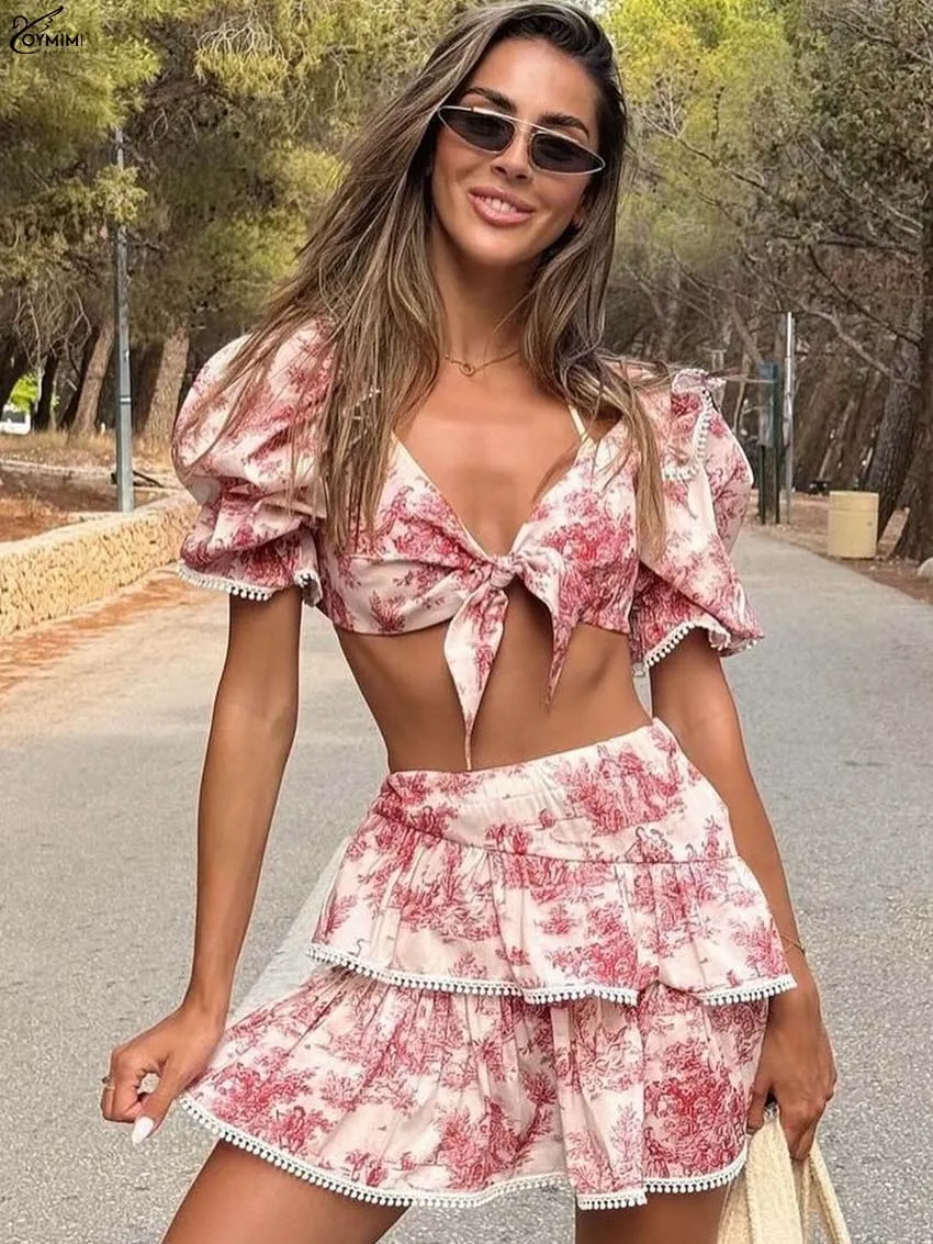 

Oymimi Летние красные комплекты из 2 предметов с принтом Женский наряд Модные кружевные укороченные рубашки с v-образным вырезом и короткими рукавами и плиссированные юбки с высокой талией