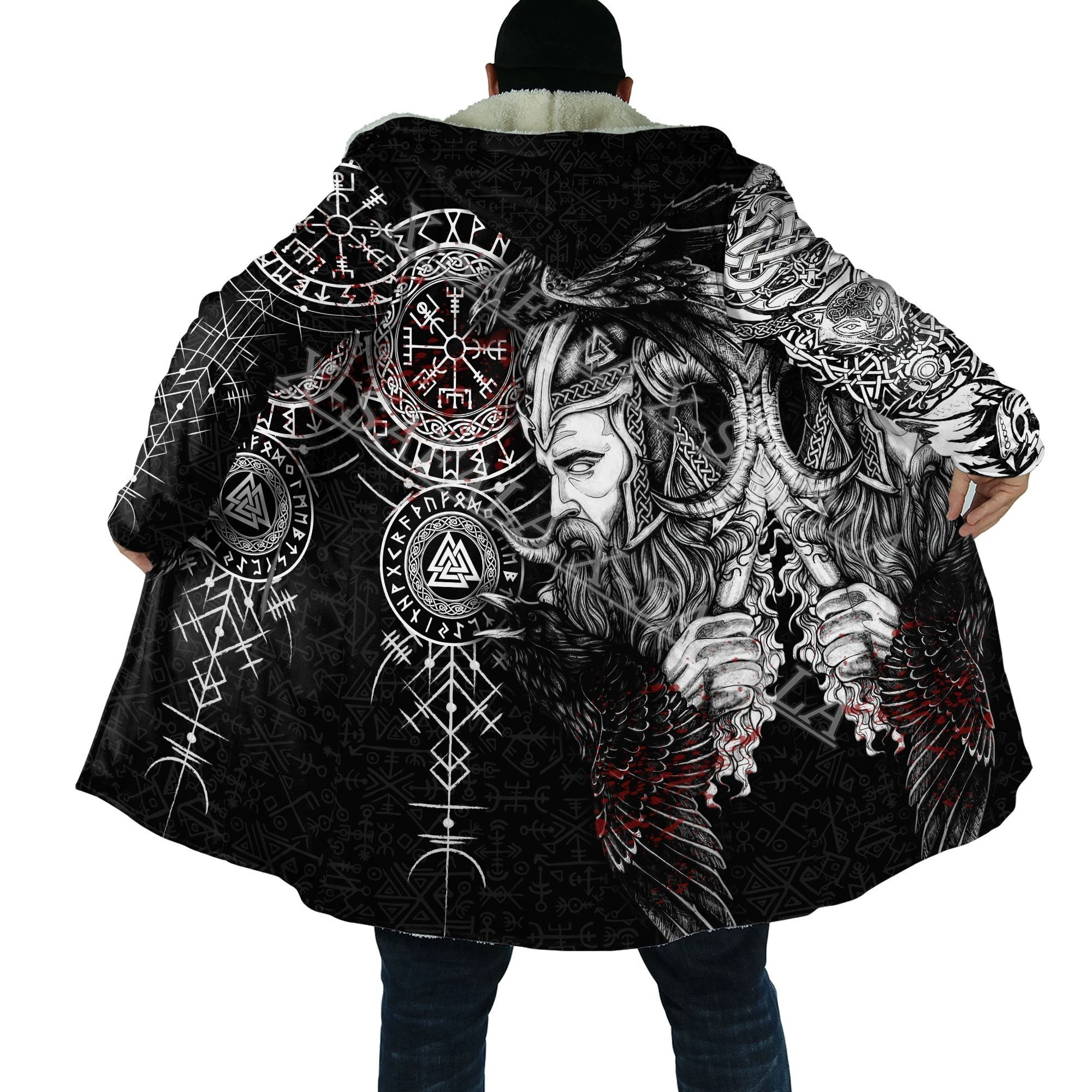 

Viking Bear Vikings Tattood Warrior Customized Thick Warm Hooded Cloak Men Overcoat Coat Windproof Fleece Cape Robe Blanket-3