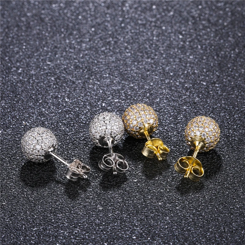 Hip Hop 1Pair Iced Out Bling Cubic Zircon Ball Stud Earring For Men Women Jewelry Rock Micro Full Paved CZ Copper Earrings