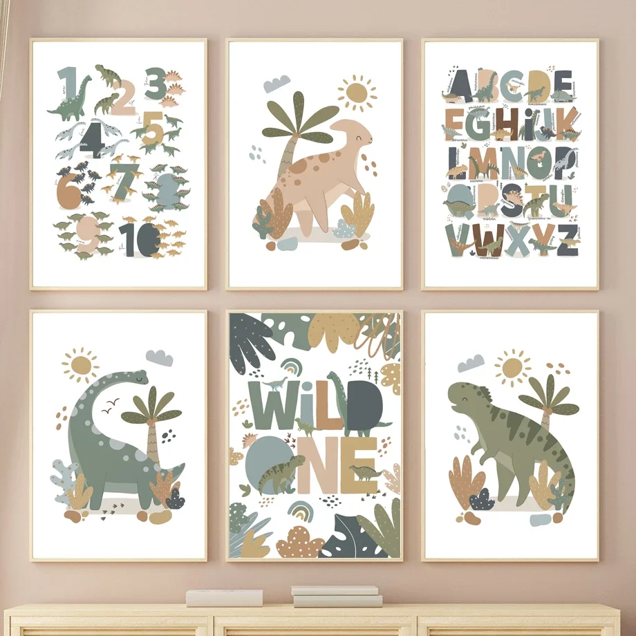 Jurassic Period Dinosaur Alphabet Numerals Wall Art Canvas Painting Nordic Dino Posters And Prints Wall Pictures Kids Room De