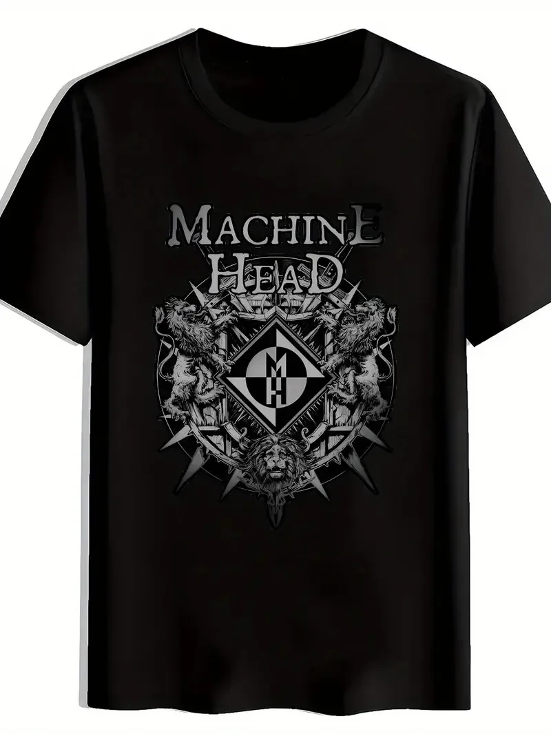 

Men'S Black "Machine Head" Graphic T-Shirt - Vintage Rock Band Design, Short Sle