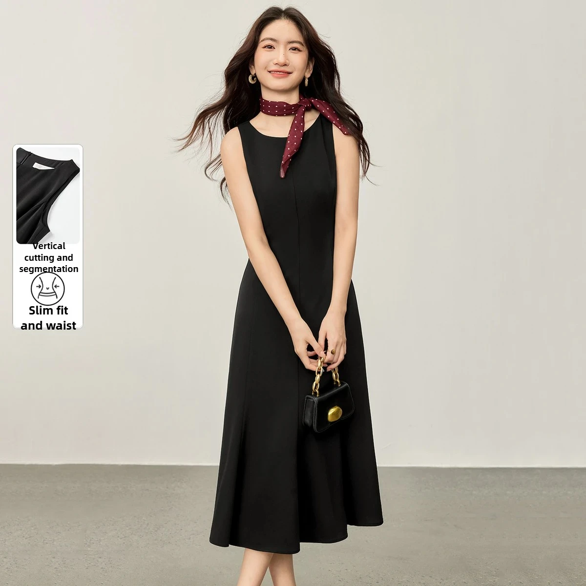 

SENTUBILA Cut Split Round Neck Sleeveless Dress for Women's Autumn Fishtail Small Black Dress Temperament Long Dress 153LB8804