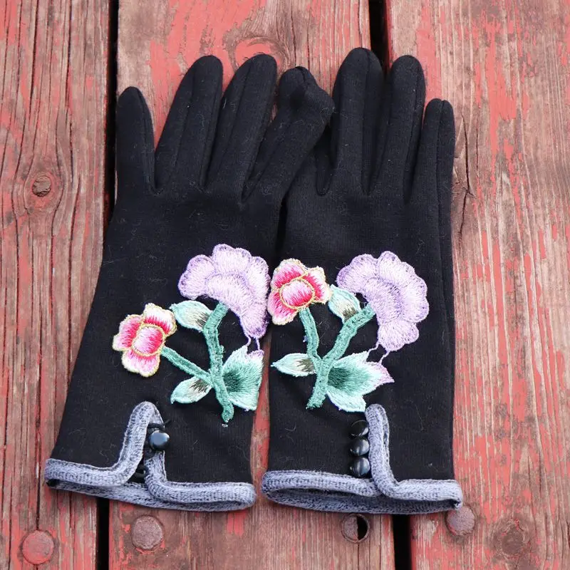 Embroidery 3D Flower Touch Screen Keep Warm Full Finger Glove For Women Girl Winter Outdoor Warm Driving Gloves Mittens