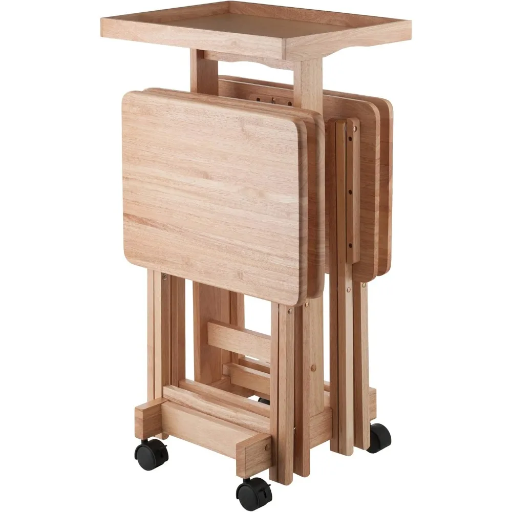 Isabelle Snack Table Set with Mobile Stand, for Living Room, Patio, Natural, Set of 4 Tables