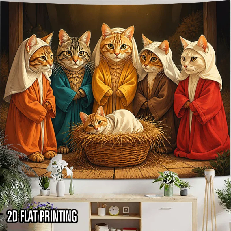 Cute Cat Nativity Tapestry, Funny Kitten Jesus Manger Scene, Christmas Pet Wall Hanging, Religious Animal Decor, Cozy Home Art