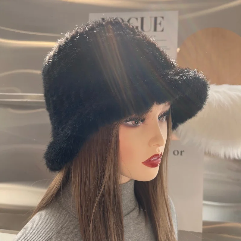 Women Hat 100% Real Mink Fur Hats Women Knitted Beanie Russian Girls Cap With Soft Knitting Thick Female Cap Elastic Bucket Hats