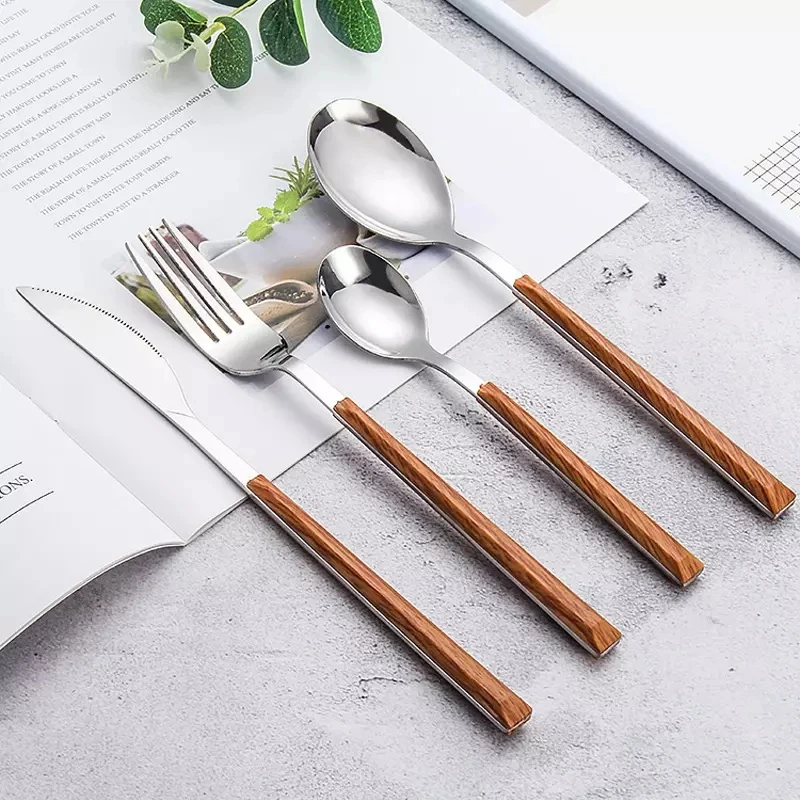 Wood Handle Cutlery Set Korean Stainless Steel Tableware Set Kitchen Knife Fork Spoon Chopsticks Dinnerware Set Tableware Set