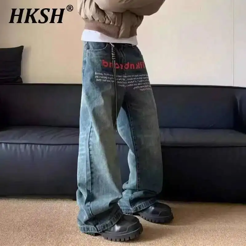 

HKSH Autumn New Women Tide American Vintage Vintage Letter Print Jeans Men's Hip-hop Design Straight Leg Denim Pants Baggy H2958