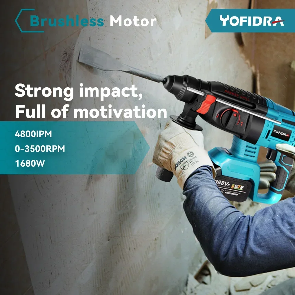 YOFIDRA 26MM Brushless Electric Hammer Drill Multifunctional Rotary Cordless Rechargeable Power Tools For Makita 18V Battery