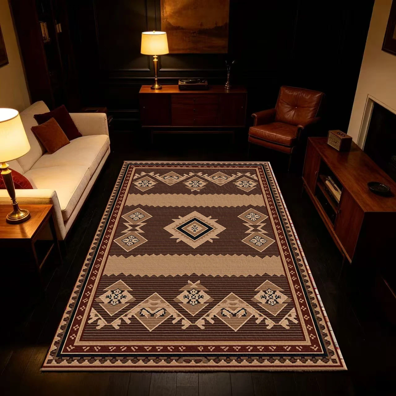 Navajo Geometric Pattern Border Rug, Traditional Tribal Style Floor Rug, Suitable for Indoor Living Space Decoration