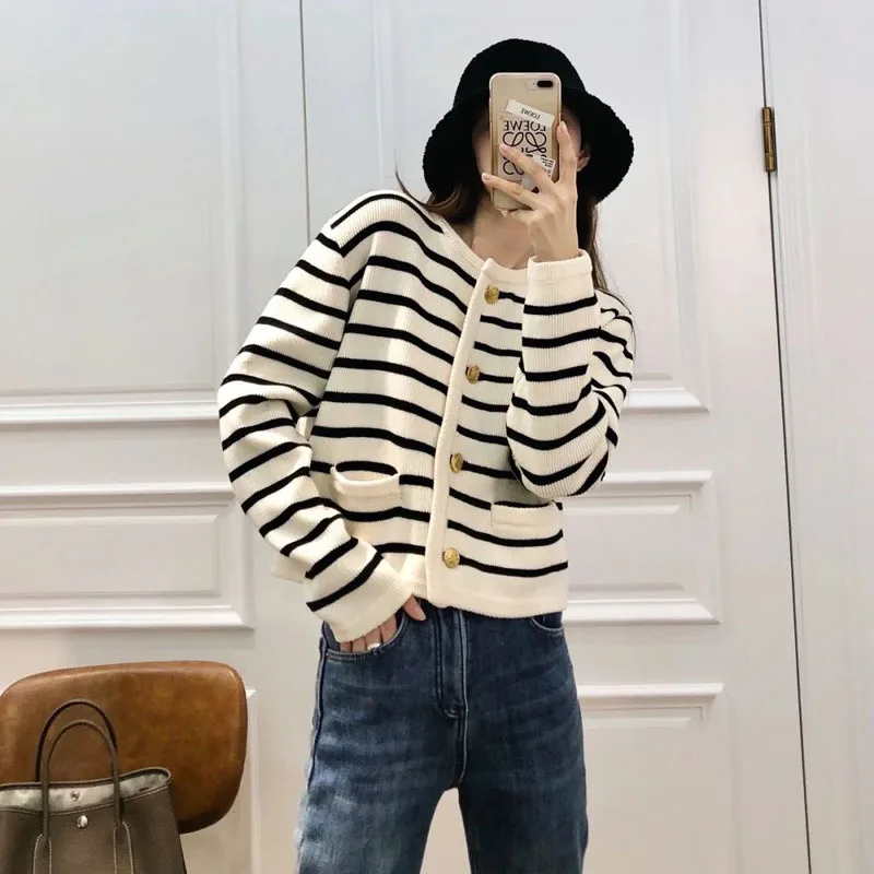 Women Spring Autumn Sweaters O-neck Stripe Knitted Cardigan Fashion Long Sleeve Casual Short Tops Korean Style New