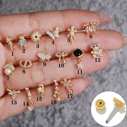 1pc Gold Color Stainless Steel Crystal Small Stud Earrings For Women Butterfly Bear Geometry Piercing Earrings Fashion Jewelry