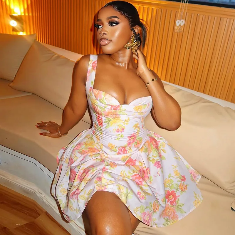 Sister Star Sexy doux femmes dos nu imprimé marée a-ligne robe fronde taille mince confortable décontracté Club fête robes courtes