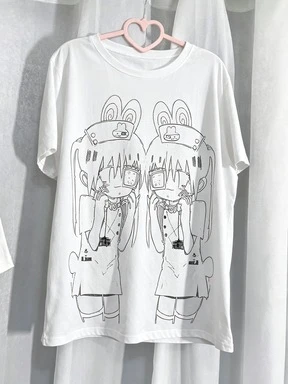 2026 Y2K Anime Nurse Girl Unisex T-Shirt Front Twin Cartoon Nurse Character With Bunny Ears White Line Art Cotton Short Sleeve