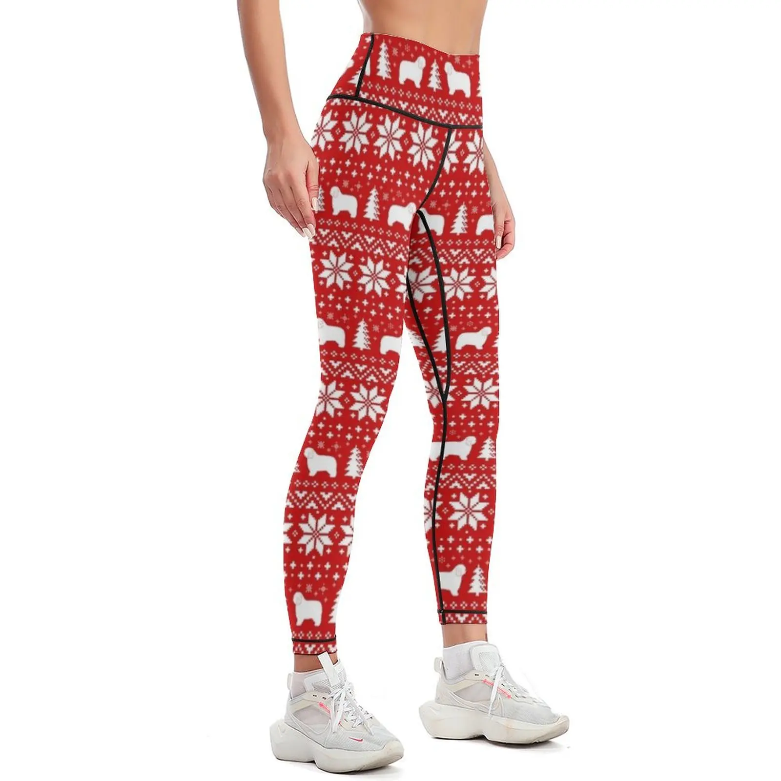 Polish Lowland Sheepdog Silhouettes Red and White Christmas Holiday Pattern Leggings for fitness Women's sports Womens Leggings