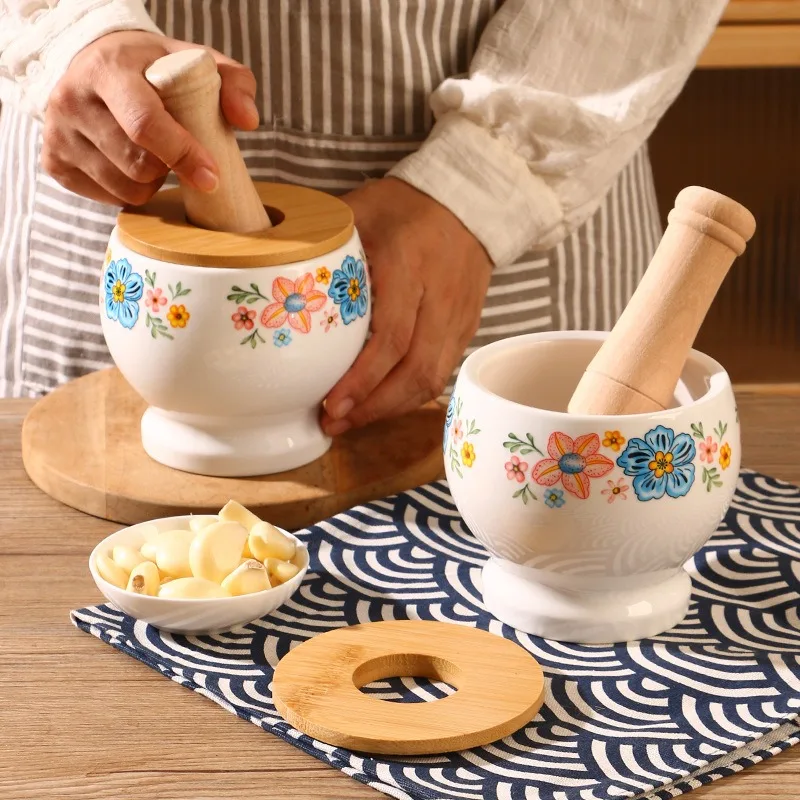 Manual Ceramic Mortar and Pestle Household Garlic Masher Hand Press Grinding Bowl for Spices and Herbs Mortar and Pestle