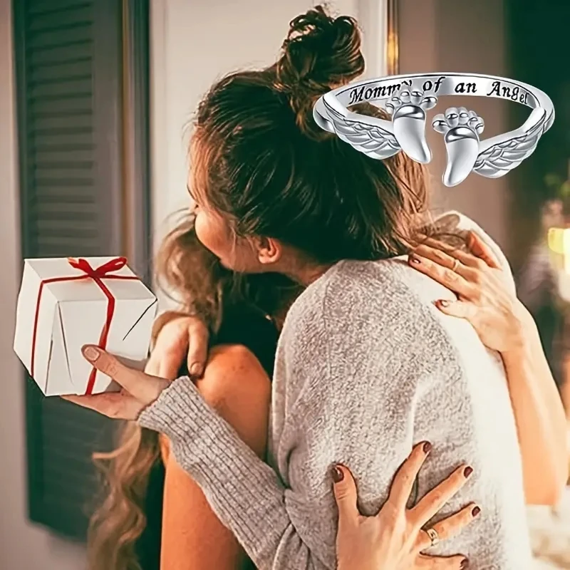Huitan Foots and Wing Shaped Aesthetic Mother's Day Gift Rings Charming Silver Color Accessories Metal Chic Jewelry for Mom view 3