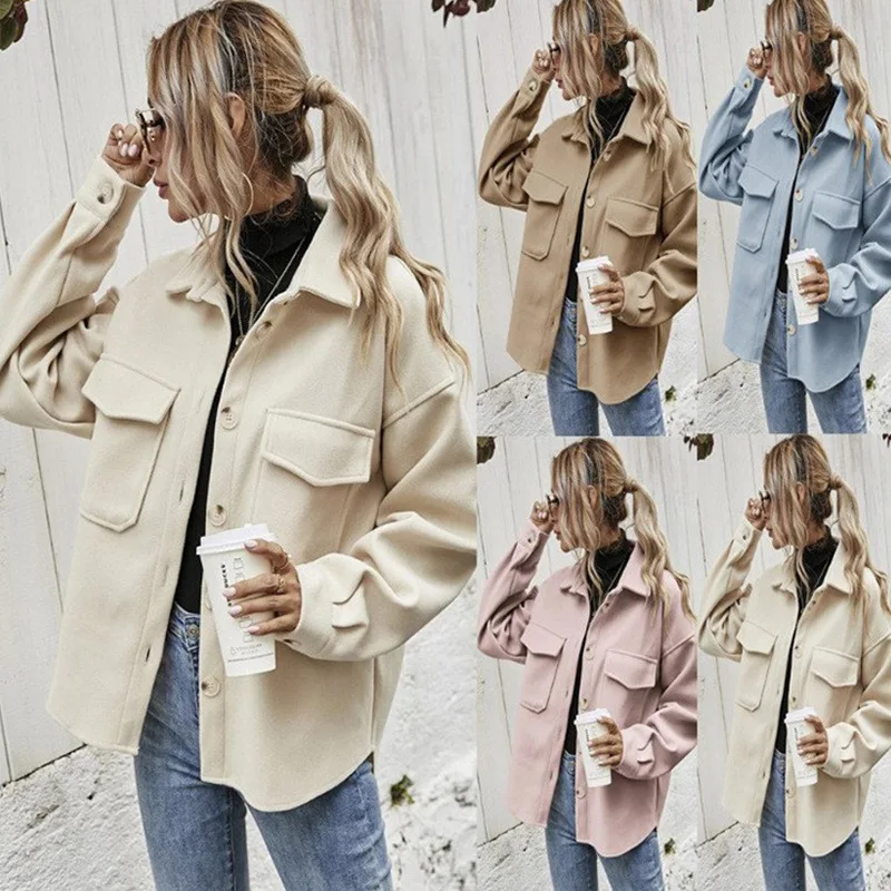 Women's Spring Lapel Single-breasted Thickened Solid Color Wool Loose Coat