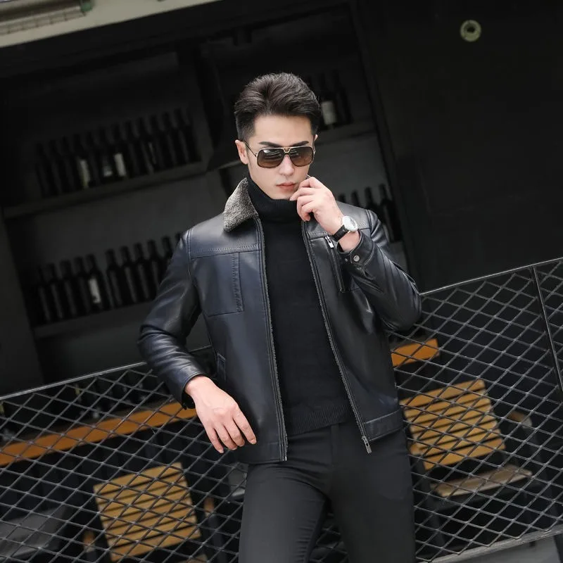 Leather Coat and Fur All-in-one Men Simulated Leather Coat Slim Short Winter Velvet Thickened High Appearance Level High Quality