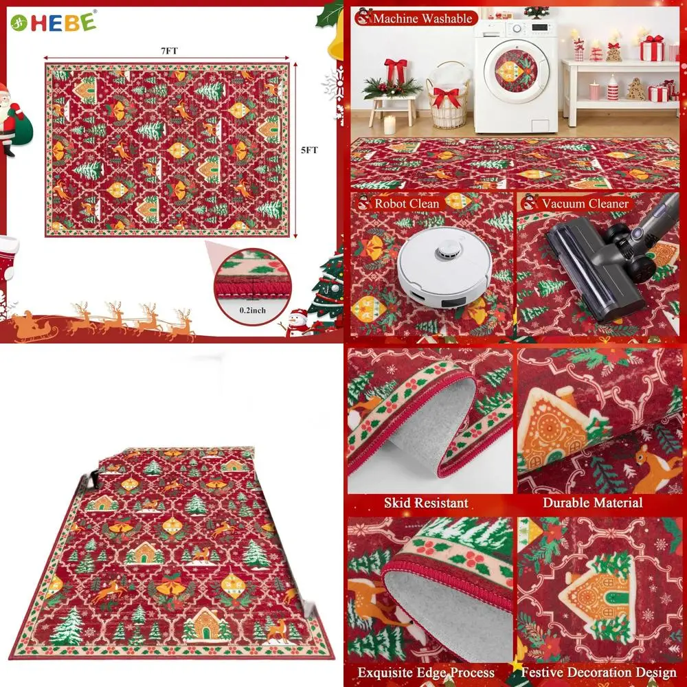 

5x7 футов. Нескользящий красный коврик для фермерского дома, мягкий моющийся ковер с низким ворсом для гостиной, спальни, столовой, рождественских праздников