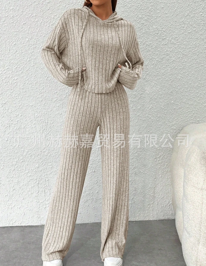 Two Piece Set Women Outfit 2023 Winter New Fashion Casual Elegant Solid Hooded Sweater Knitted Long Sleeve Loose Pants