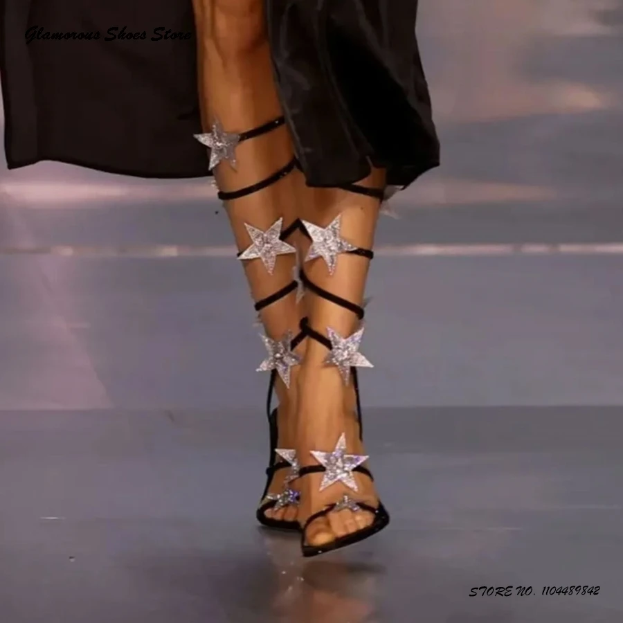 

Crystal Star Embellished Ankle Strap Sandals Women's Round Open Toe Thin Heels Shoes Summer Bling Snake-strap Evening Stilettos