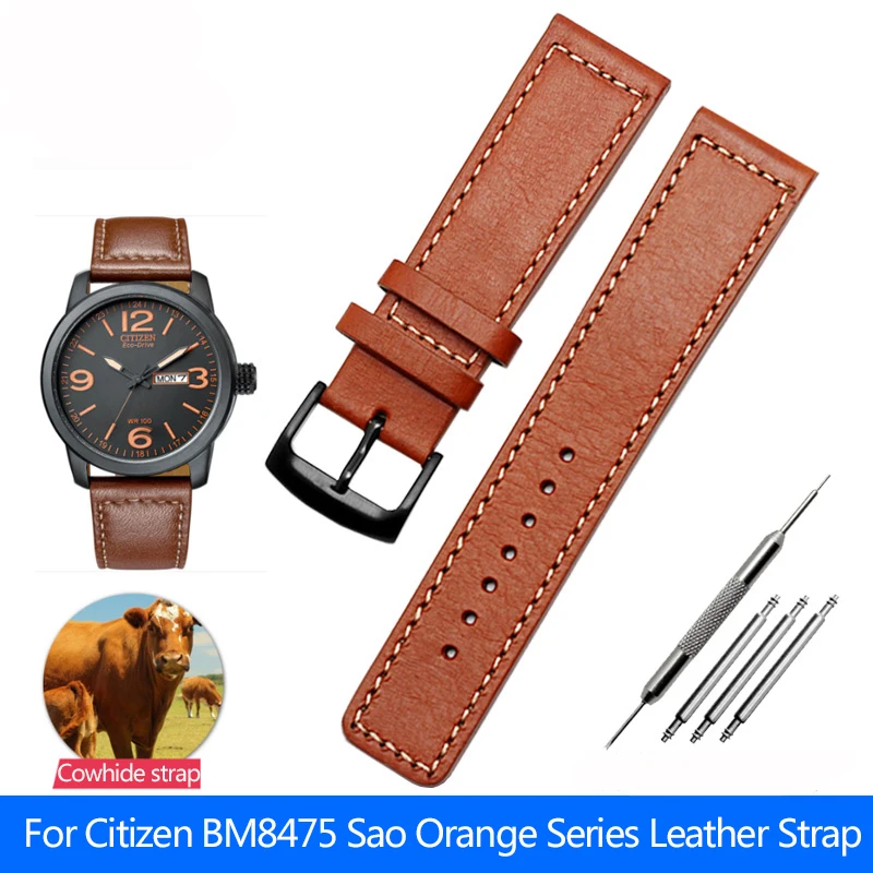 22mm Cowhide/Italian Leather Watch Strap for Citizen Sao Orange Light Kinetic Men's Watchband BM8475/26E 00F00X Series Bracelet