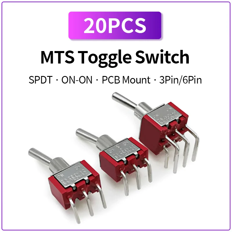 20PCS MTS Series Right Angle PCB Toggle Switch 3Pin 6Pin SPDT ON-ON Side Bend Mini Control Switch 2A-10A