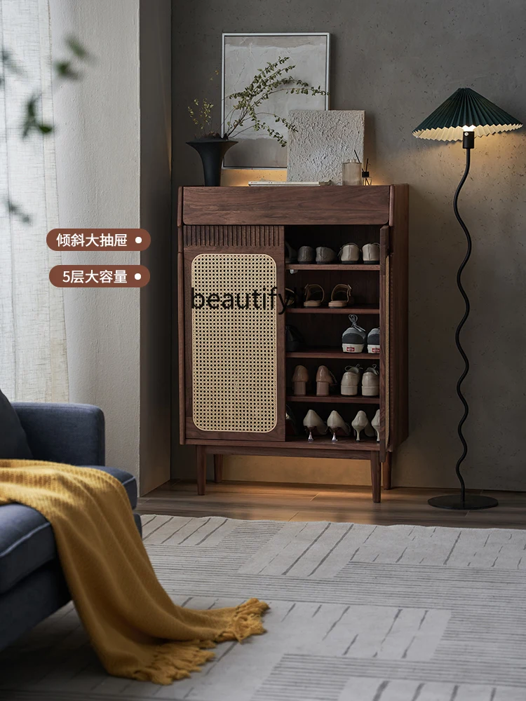 Solid Wood Shoe Cabinet Home Doorway Rattan Black Walnut Simple Modern Door Large Capacity Shoe Rack Home Entrance Cabinet