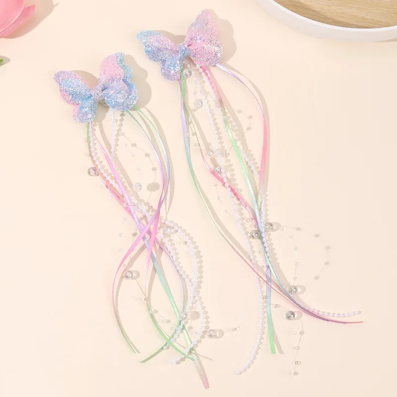 2Pc Childrens Rainbow Butterfly Sequin Hair Clip,pearl Ribbon,tassel Hair Clip,girl Braided Hair Accessory,performance Accessory image 4