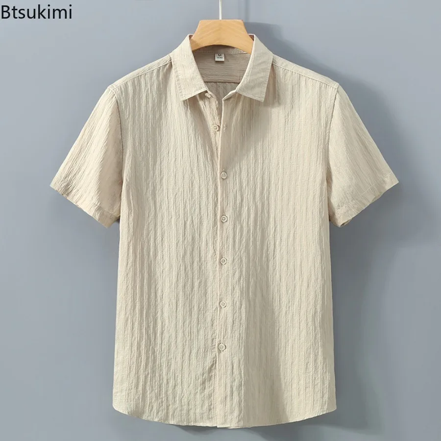 Summer New Solid Stripe Shirts for Men Breathable Short Sleeve Single-breasted Lapel Shirts Simple Casual Blouses Men Basic Tops
