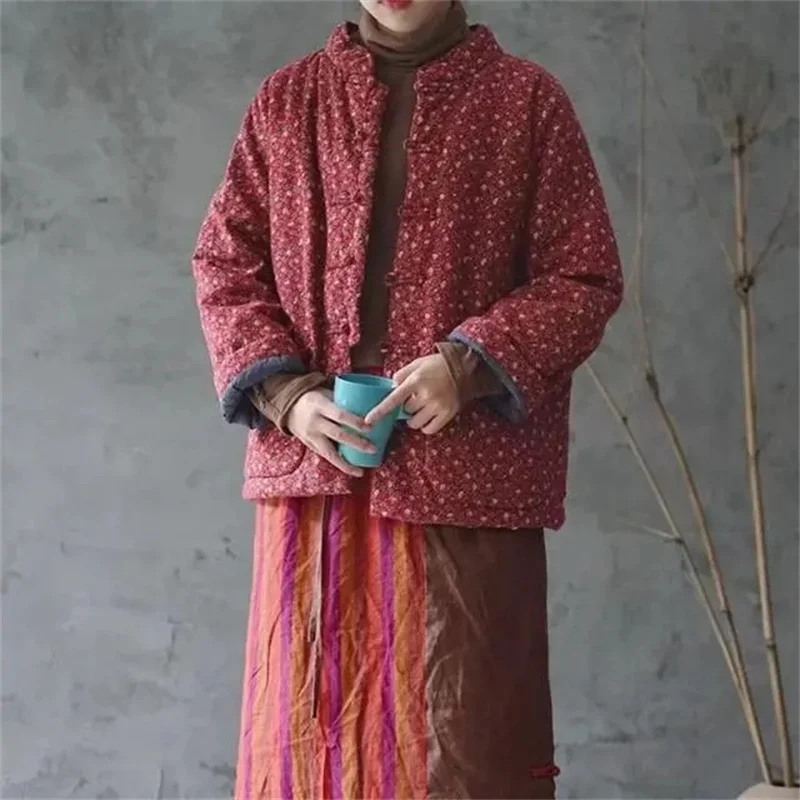 Retro Button up Floral Long Sleeved Cotton Jacket For Autumn and Winter 2024 Loose and Slimming Thickened and Warm Cotton Jacket