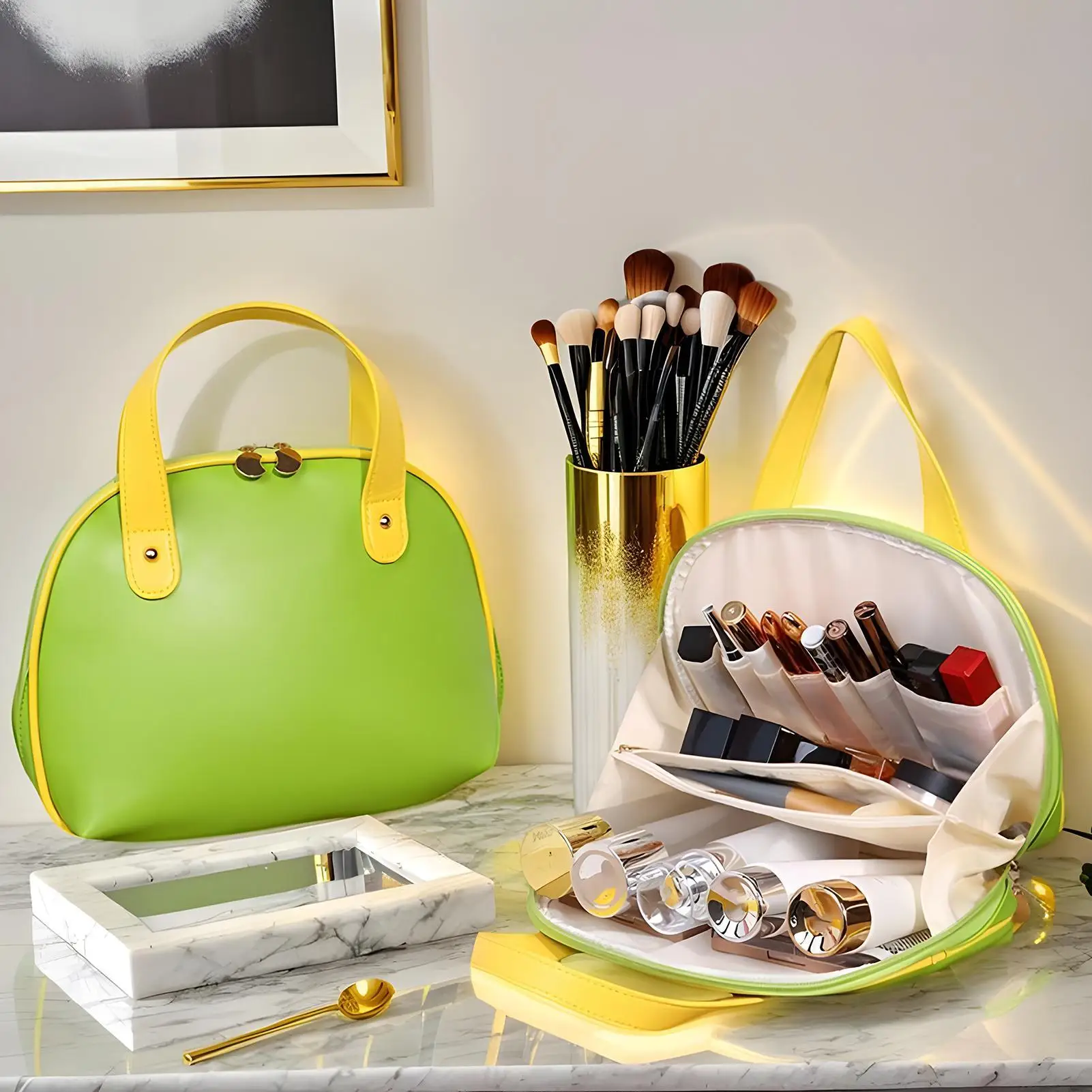 

Traveling Makeup Bag Travel Make Up Bag Organizer Portable Storage Container With Compartments & Handle Toiletry Case PU Leather