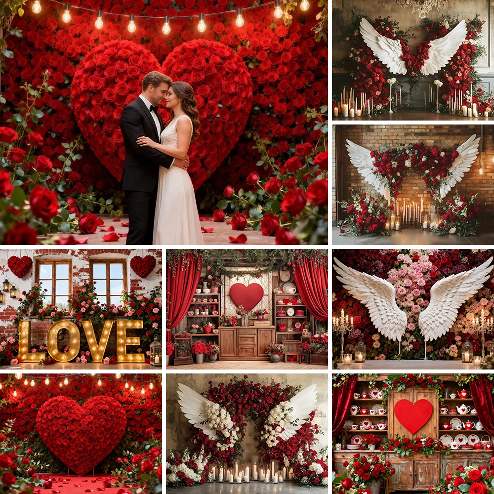 

Розы 14 февраля, украшение на день Святого Валентина, фон с сердечками и крыльями, окно любви, пара, портретная фотография, фон для фото