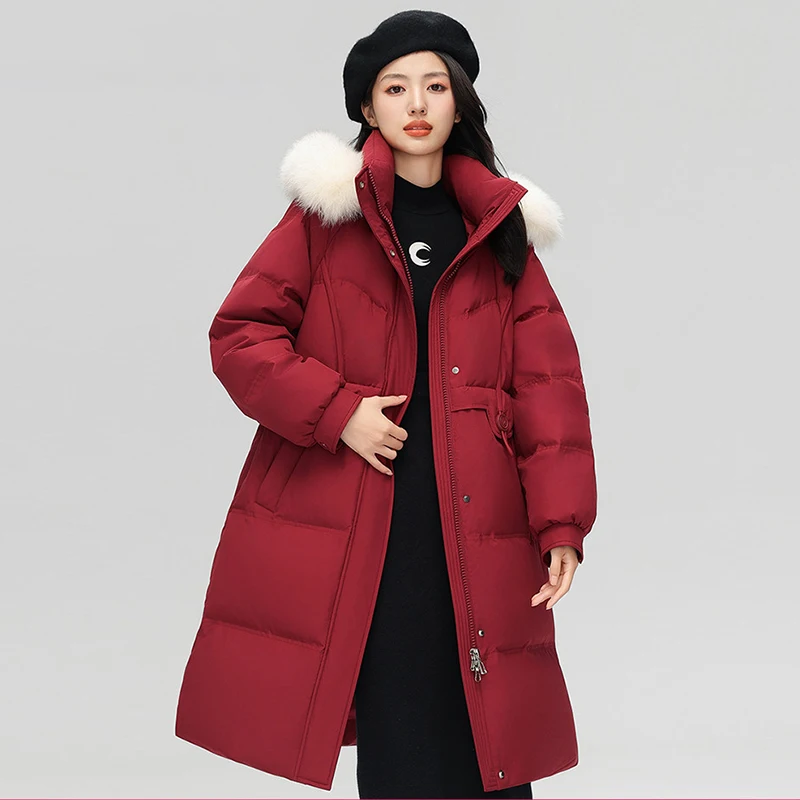 

Ele Long Women's down Jaet with Detachable Fur Collar Warm Versatile Autumn Winter Faion Outerwear by Sang Fly