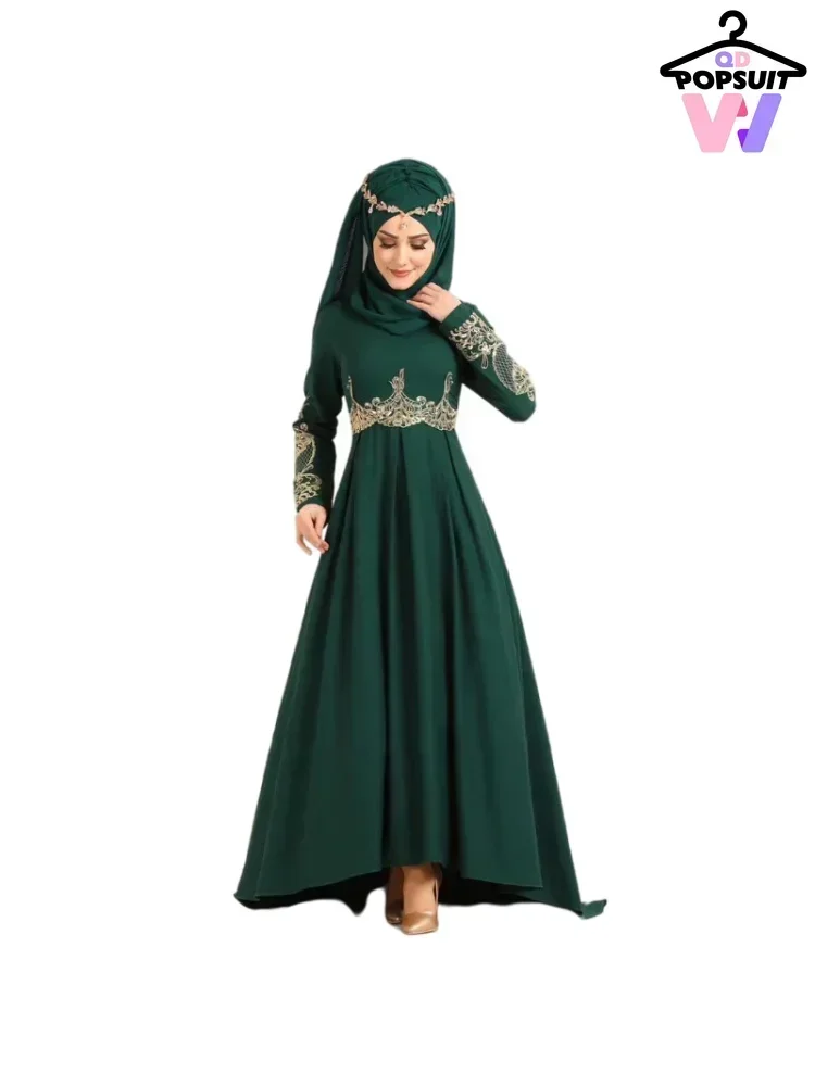 

New in Women Muslim Islam Abaya Dress NO Scarf Elegant Embroidered Elastic Falbala High Waist Slim Party Robe Swing Robe Dresses