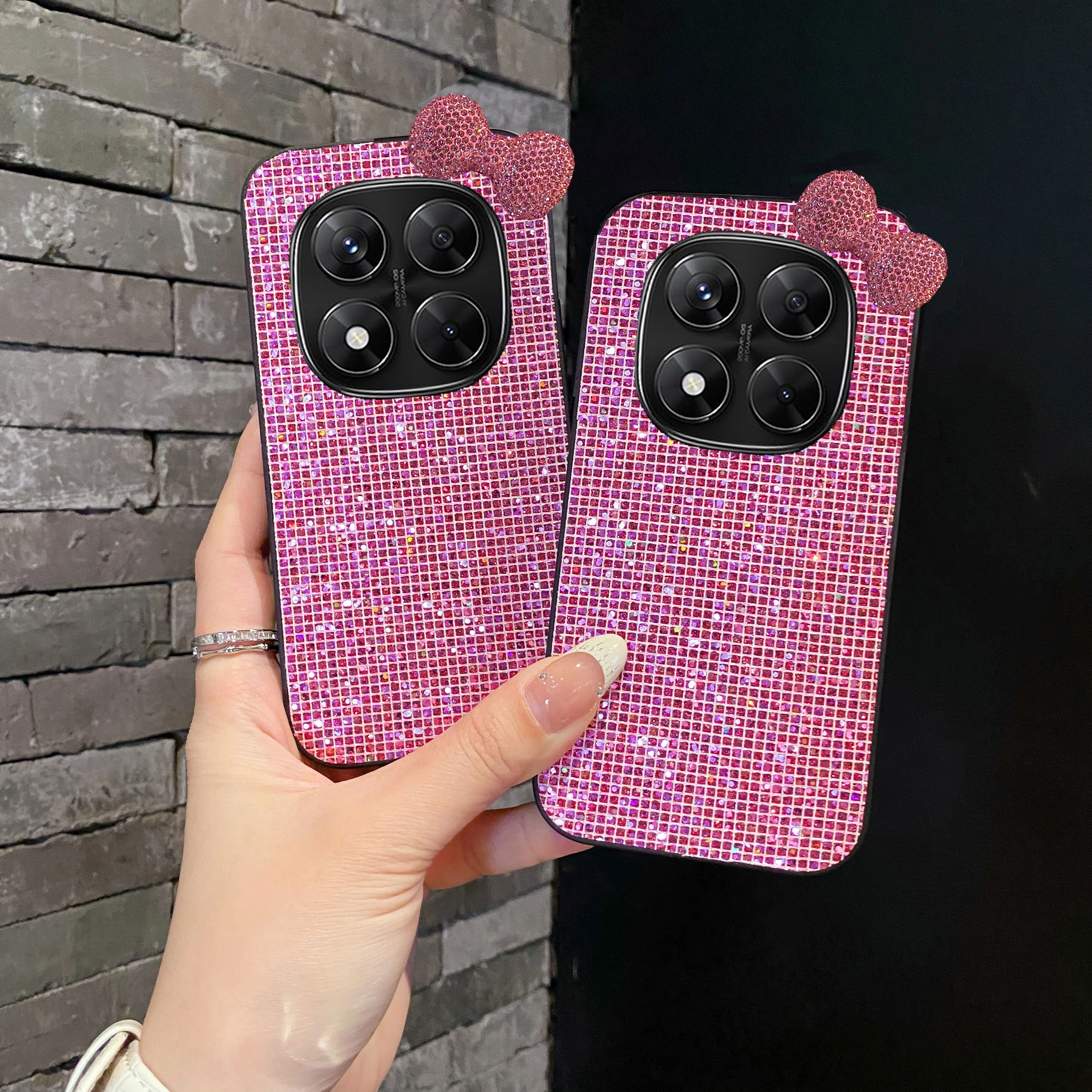 Liebliche Rosa 3D-Kunstdiamant-Schleifenmuster Leder-Handyhülle für Xiaomi Redmi Note 14 15 4G 5G Pro + Stoßfeste Glitzer-Schutzhülle