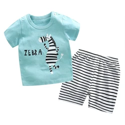 Kids Short Sleeve Tees+Stripe Shorts 2-piece Clothes Set Pajama Cotton Underwear Cartoon Zebra Print Summer Sleepwear Suit1-6 Y