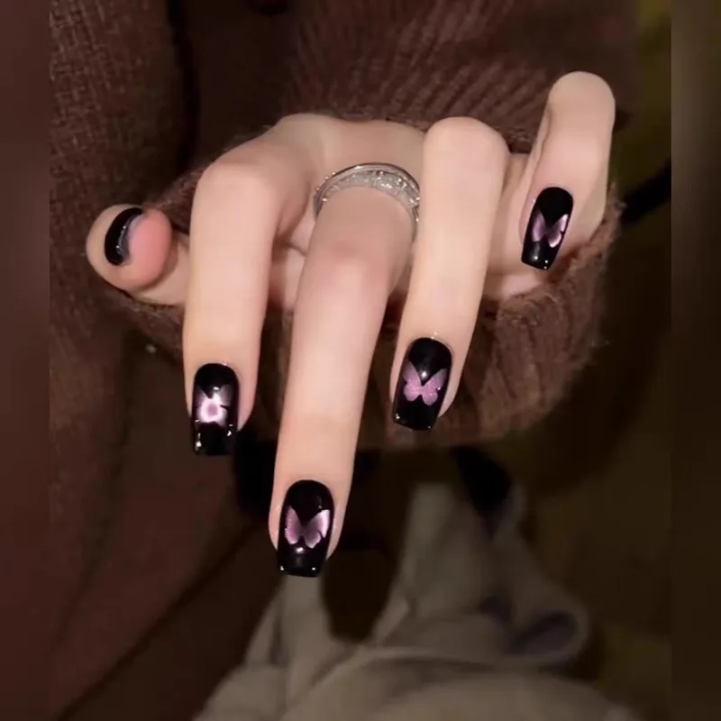 

30Pcs False Nails Dark Purple Butterfly Cat-Eye Nails—Sweet and Edgy Press-On Style—Perfect As A Gift for Girls and Friends