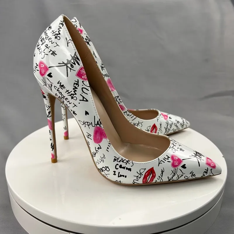 Veowalk White Artistic Graffiti Print Women Sexy Pointed Toe High Heel Shoes Slip on Stiletto Party Dress Shoes Plus Size 33-46