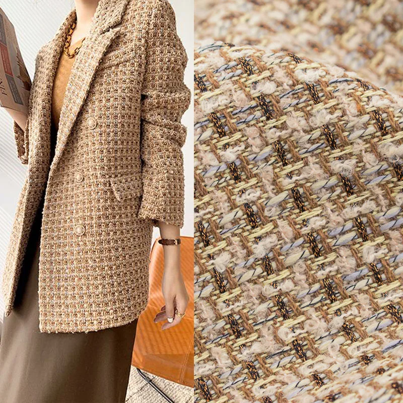 Camel Color Lattice Yarn-Dyed Braided Tweed Fabric For Sew Women's Autumn Jacket Dress Suits Coat Handbag DIY Sewing Material