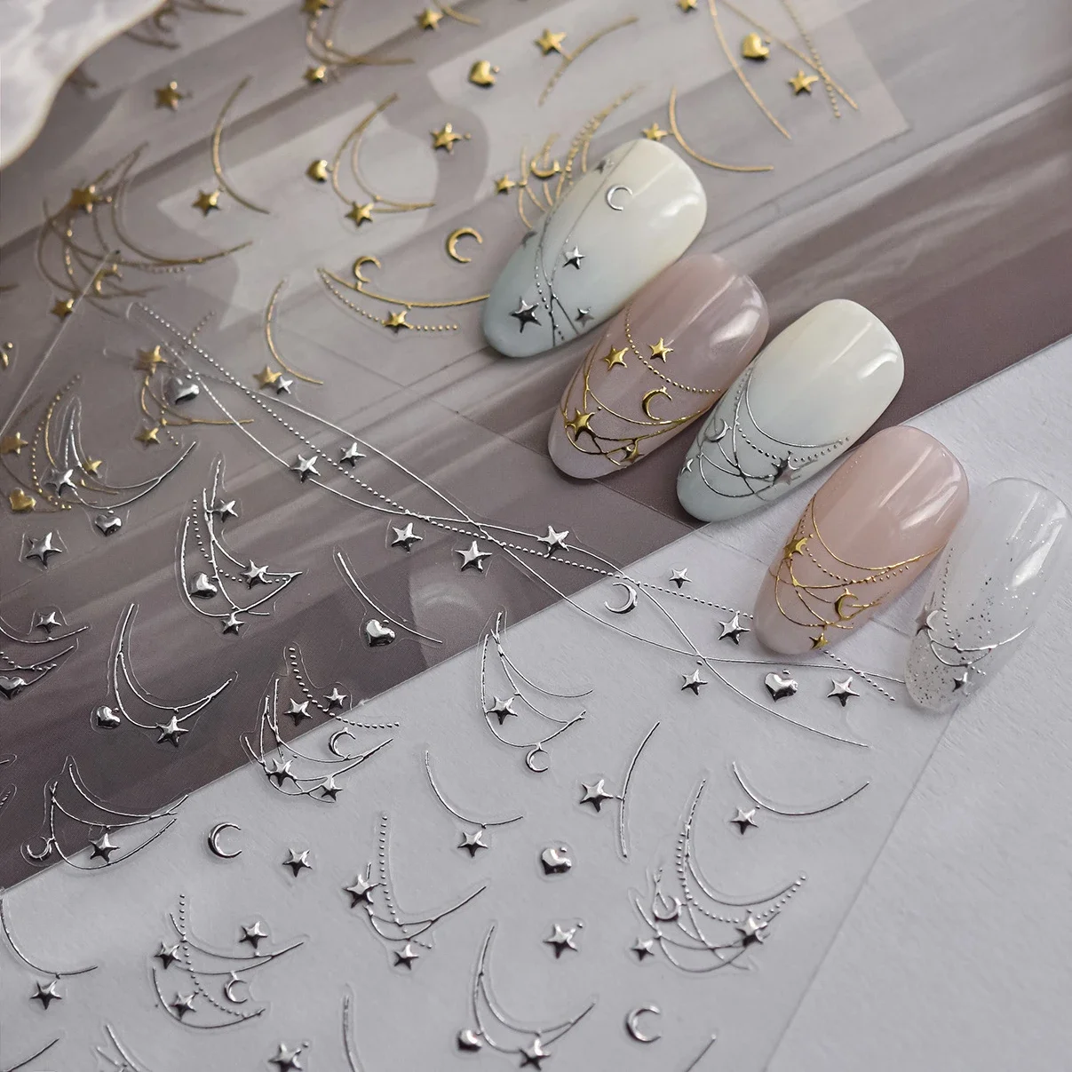 5D Curved Line Arc Star Moon Love Heart Dreamy Necklace Hanging in The Air Starry Night Adhesive Nail Stickers Manicure Decals