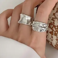 2pcs/set Punk Metal Curved Smooth Open Adjustable Ring for Women Men Simple Silver Color Rings Set Hip Hop