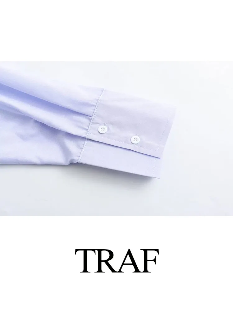 TRAF 2024 Women Casual Shirt Spring Blue Blouse Turn Down Long Sleeve Loose Single Breasted Shirts Female Chic Elegant Top