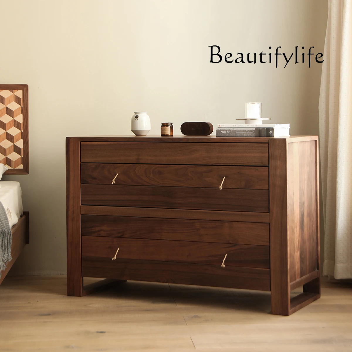 Retro New Chinese Style Black Walnut Pure Solid Wood Entrance Cabinet Multi-Functional Bedroom Storage Cabinet