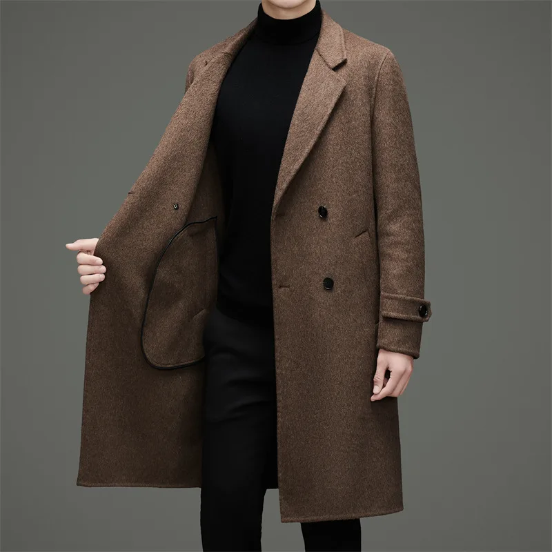 

Classic British Style Men Double Breasted Cashmere Ovecoat Timeless Black Coffee Woolen Coat Gentlemen Winter Essential Attire