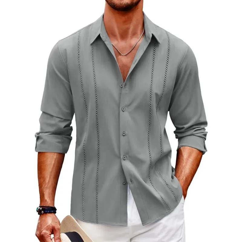 New casual men's long sleeved shirt with beach buttons, men's long sleeved solid color, plus size, comfortable